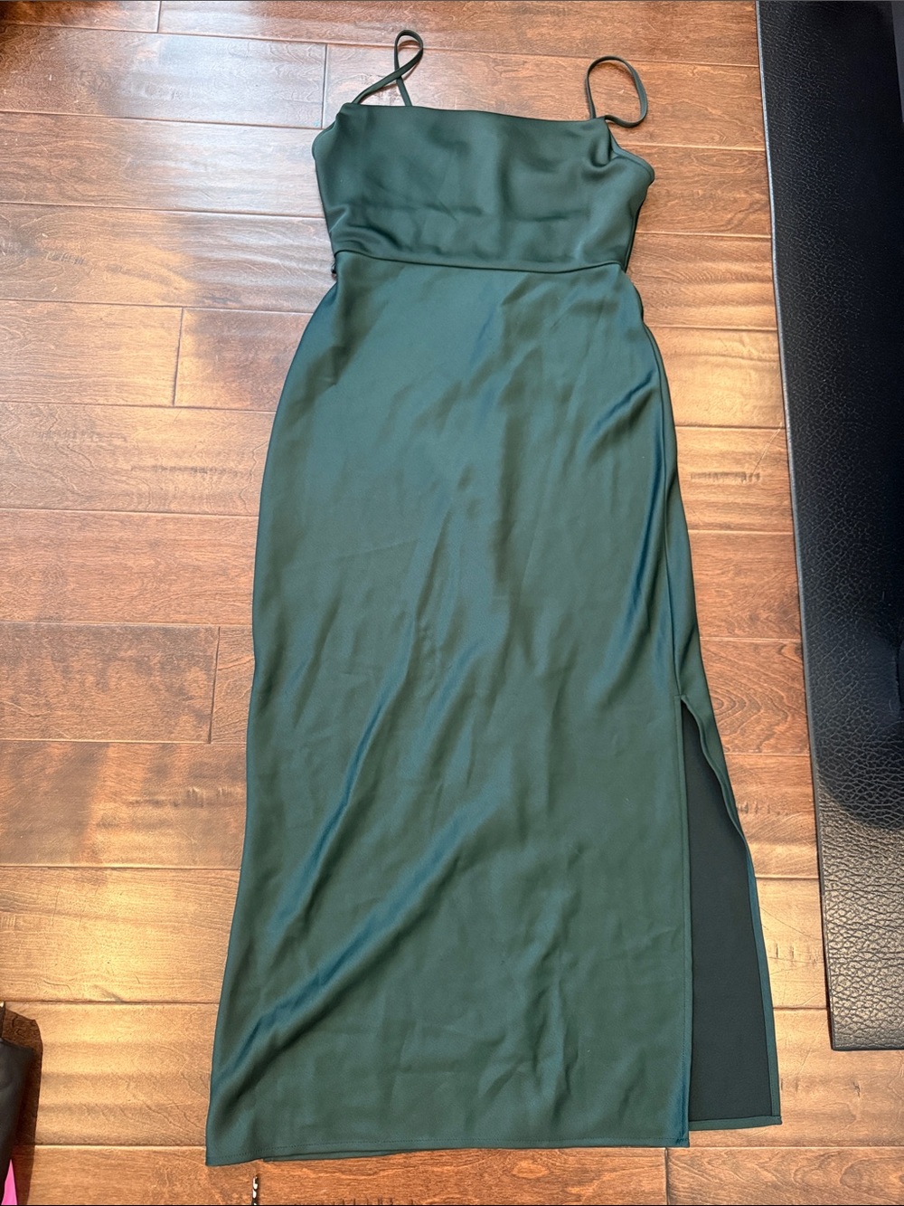 BHLDN Emerald Green Satin Maxi Slip Dress with Side Slit